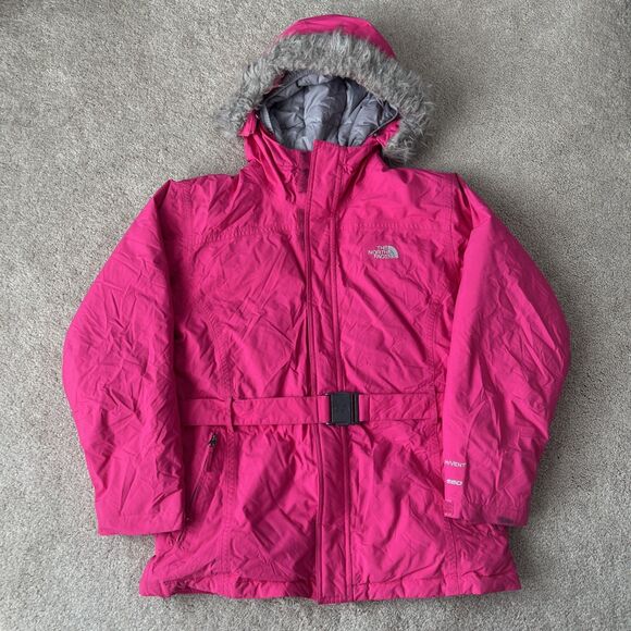 North Face Greenland Jacket Parka Girls XL 18 Pink 550 Down Hooded Coat Belted - Picture 1 of 8